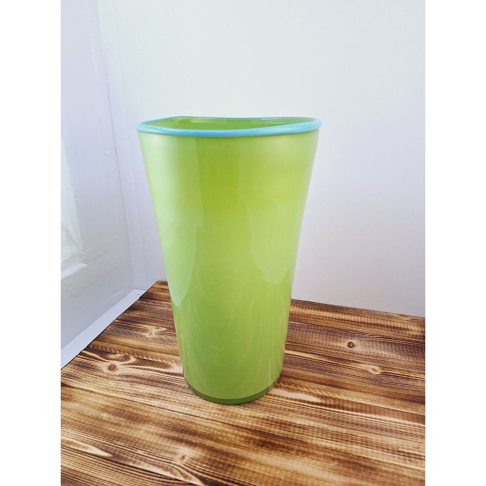 Art Glass Hand Blown Cased Vase, Lime Green In Color With Rim Trimmed Blue